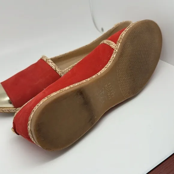 Stuart Weitzman Suede‎ Espadrille Flats Wicker Trim &amp; Gold Toe Loafers Size 9.5