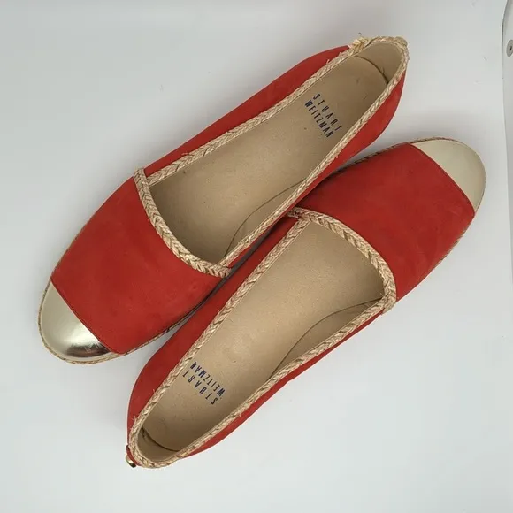 Stuart Weitzman Suede‎ Espadrille Flats Wicker Trim &amp; Gold Toe Loafers Size 9.5