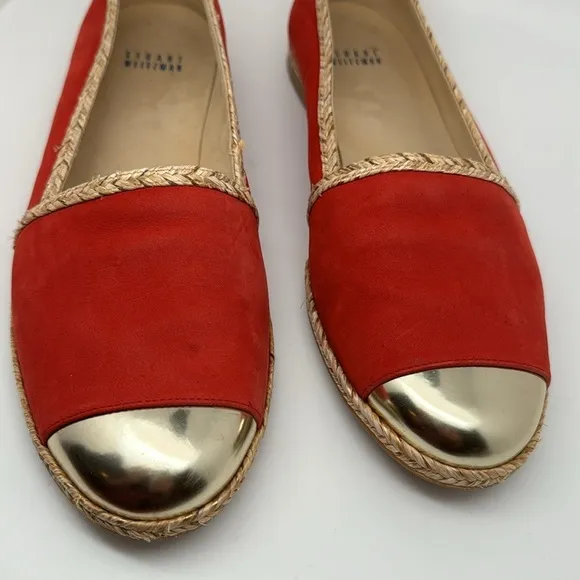 Stuart Weitzman Suede‎ Espadrille Flats Wicker Trim &amp; Gold Toe Loafers Size 9.5