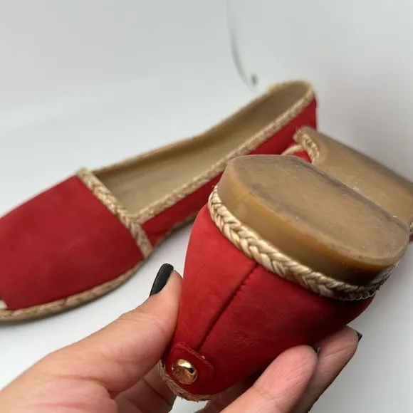 Stuart Weitzman Suede‎ Espadrille Flats Wicker Trim &amp; Gold Toe Loafers Size 9.5