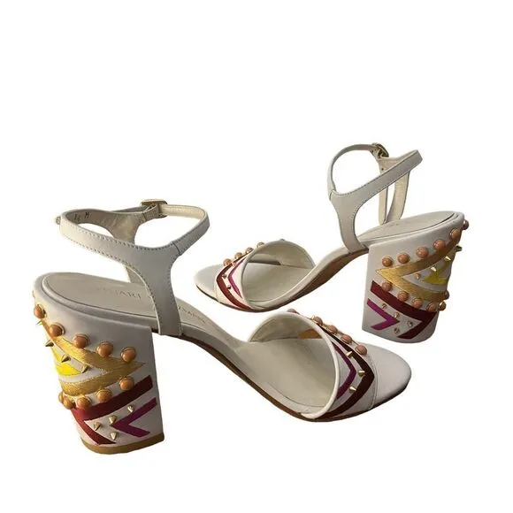 Stuart Weitzman White Studded Embroidered City Sandals Size 8.5