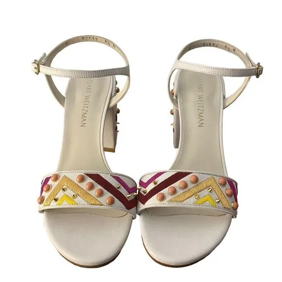 Stuart Weitzman White Studded Embroidered City Sandals Size 8.5