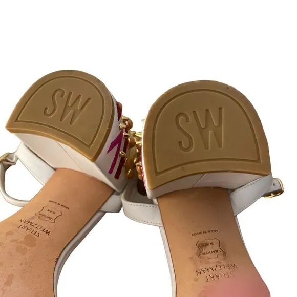 Stuart Weitzman White Studded Embroidered City Sandals Size 8.5