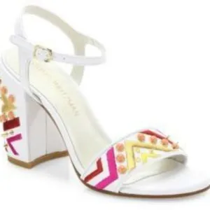 Stuart Weitzman White Studded Embroidered City Sandals Size 8.5