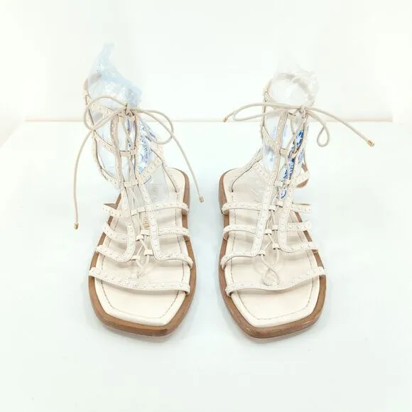 STUART WEITZMAN Women 8 Kora Gladiator Sandals White Leather Studded Pearls FLAW
