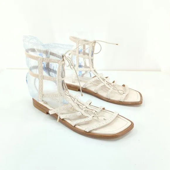 STUART WEITZMAN Women 8 Kora Gladiator Sandals White Leather Studded Pearls FLAW