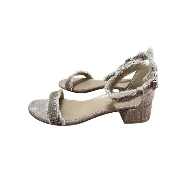 Stuart Weitzman Gold Beaded Beige Tweed Nudistchains Sandals Ankle/Toe Strap 9 M