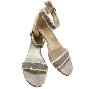 Stuart Weitzman Gold Beaded Beige Tweed Nudistchains Sandals Ankle/Toe Strap 9 M