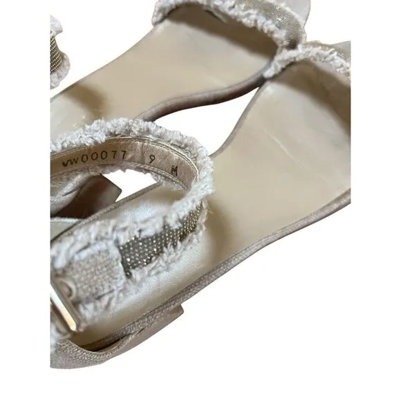 Stuart Weitzman Gold Beaded Beige Tweed Nudistchains Sandals Ankle/Toe Strap 9 M