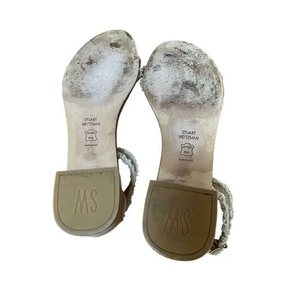 Stuart Weitzman Gold Beaded Beige Tweed Nudistchains Sandals Ankle/Toe Strap 9 M