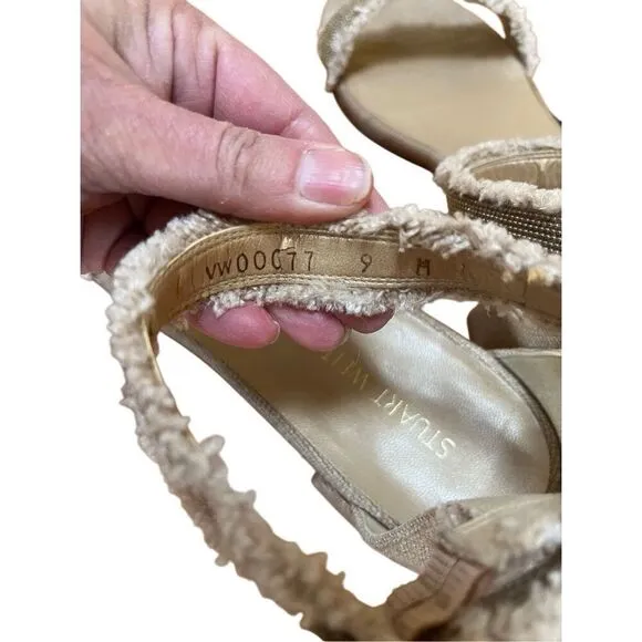 Stuart Weitzman Gold Beaded Beige Tweed Nudistchains Sandals Ankle/Toe Strap 9 M
