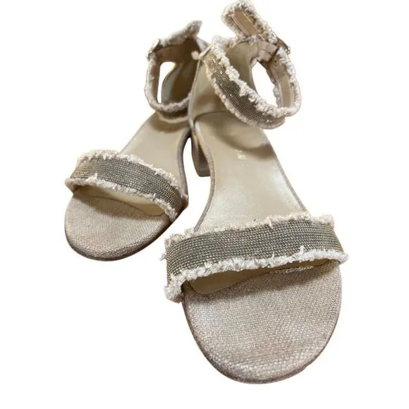 Stuart Weitzman Gold Beaded Beige Tweed Nudistchains Sandals Ankle/Toe Strap 9 M