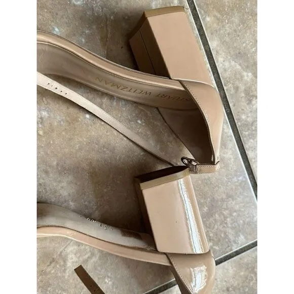Stuart Weitzman 11 Chain Patent Leather Block Sandals Nude
