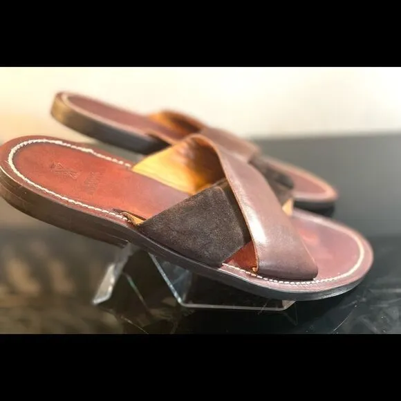 Sutor Mantellassi Brown Leather Suede  Crisscross  Men’s Slides Size 8