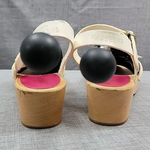 Swedish Hasbeens anthropologie Preppy Debutant White Leather Clog Sandals SZ 35