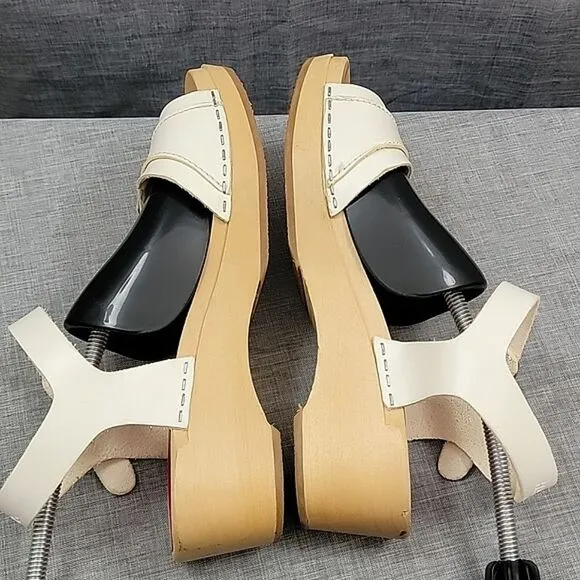 Swedish Hasbeens anthropologie Preppy Debutant White Leather Clog Sandals SZ 35
