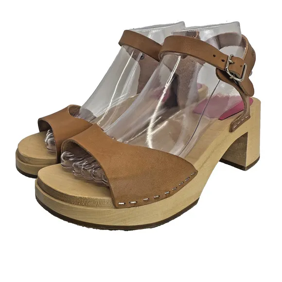 Swedish Hasbeens Clog Sandals Size Wood sole w/ natural leather new w/o box 7.5