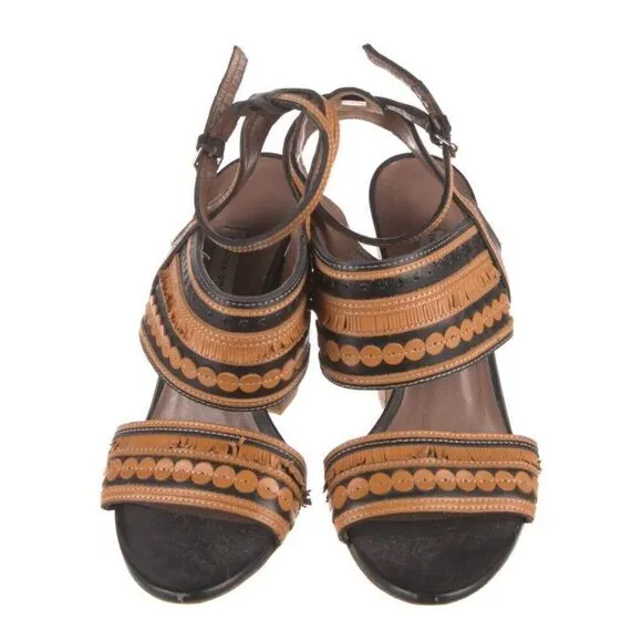 Tabitha Simmons Authentic Black Brown Leather Block Heels Sandals 7 Italy