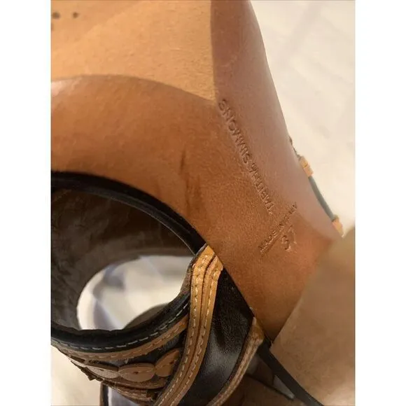Tabitha Simmons Authentic Black Brown Leather Block Heels Sandals 7 Italy