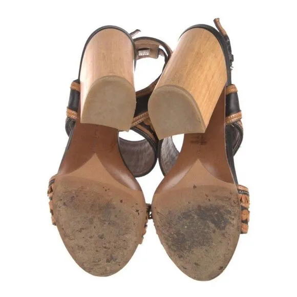 Tabitha Simmons Authentic Black Brown Leather Block Heels Sandals 7 Italy
