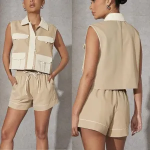 Tan &amp; ivory matching 2 piece shorts &amp; vest set — pocket front button up detail