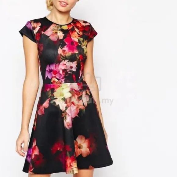 TED BAKER Embla Cascading Flora Skater Boho Dress Size 3