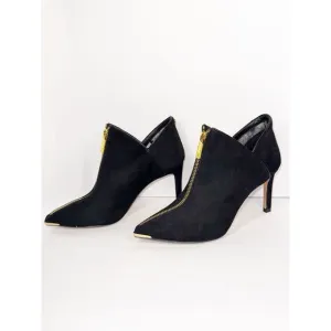 Ted Baker Millae Bootie Heels Black Suede Gold Zipper Stiletto Pointed 38.5/6