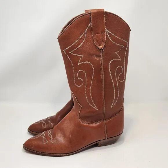 Terra Vintage Western Cowboy Boots Brown Leather Women Size 7 Pointed Toe Boho