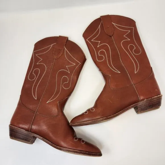Terra Vintage Western Cowboy Boots Brown Leather Women Size 7 Pointed Toe Boho