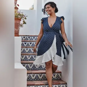 The Beach to Brunch Wrap Dress Square Dot in Deep Sea &amp; White Sand