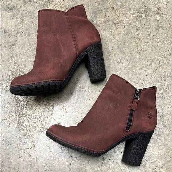Timberland Red and Black Heeled Boots with Chunky Heel