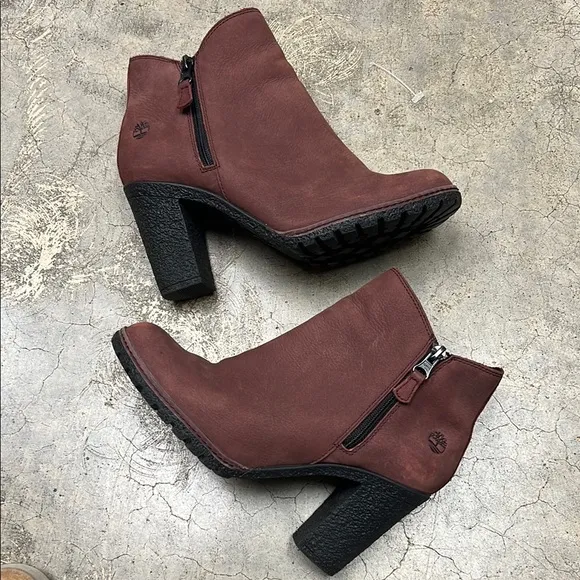 Timberland Red and Black Heeled Boots with Chunky Heel