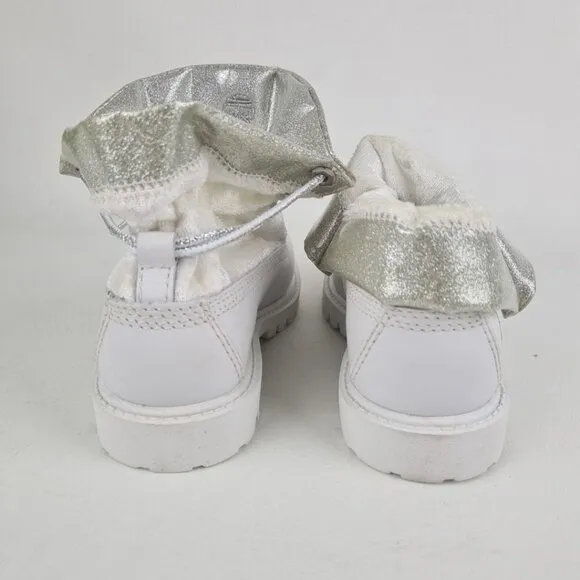 Timberland Roll Top Sweet Little Girls Boots White Silver Leather SZ 12