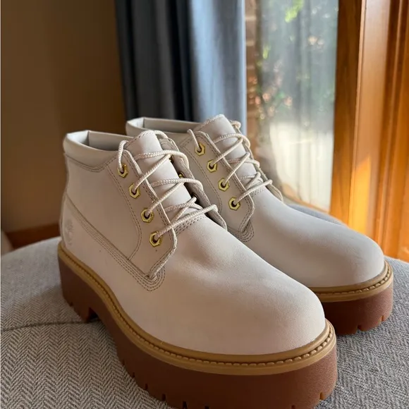 Timberland White and Brown Lace Up Boots with Chunky Sole