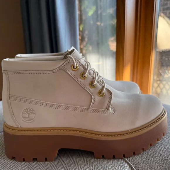 Timberland White and Brown Lace Up Boots with Chunky Sole