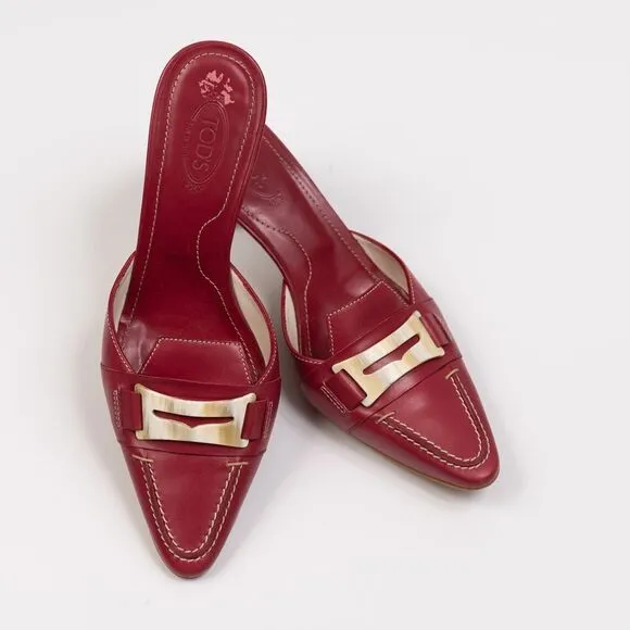 Tod’s Red Leather Mules heeled sandals size 7.5