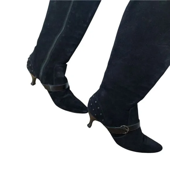 TOD'S‎ Women's Embellished Knee-High Pointed-Toe Leather Suede Boots Sz 36 Black