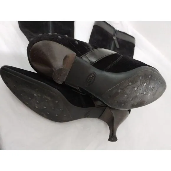 TOD'S‎ Women's Embellished Knee-High Pointed-Toe Leather Suede Boots Sz 36 Black