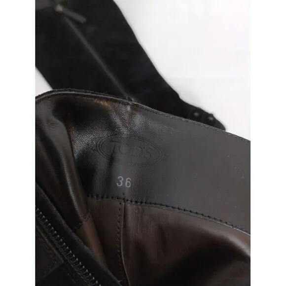 TOD'S‎ Women's Embellished Knee-High Pointed-Toe Leather Suede Boots Sz 36 Black