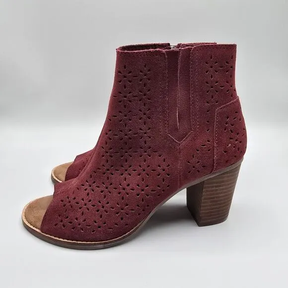 Toms Majorca Peep-Toe red suede perforated chunky heel ankle boots size 8.5