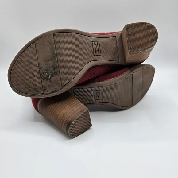 Toms Majorca Peep-Toe red suede perforated chunky heel ankle boots size 8.5