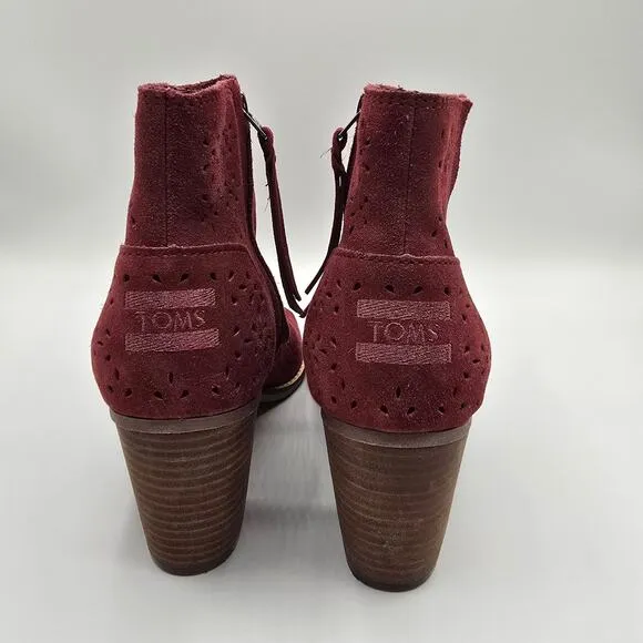 Toms Majorca Peep-Toe red suede perforated chunky heel ankle boots size 8.5