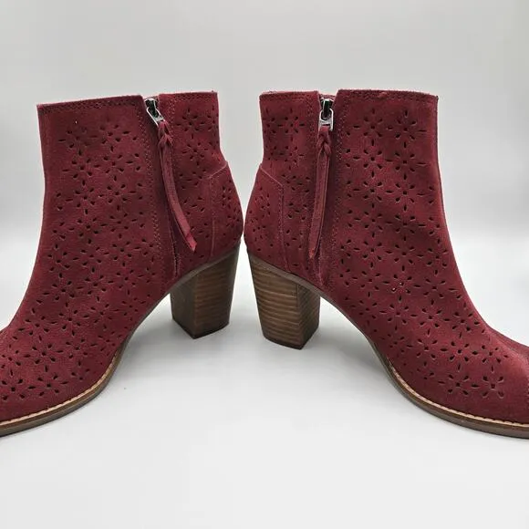 Toms Majorca Peep-Toe red suede perforated chunky heel ankle boots size 8.5