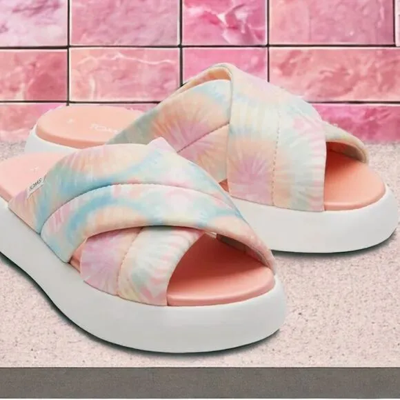 TOMS NIB ALPARGATA MALLOW CROSSOVER SANDALS SLIDES SHOES CANDY PINK TIE DYE 8