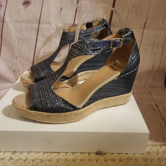Toni Pons Essencial Navy Metallic Canvas Strappy Jute Wedge Sandals 8.5M/39 $179