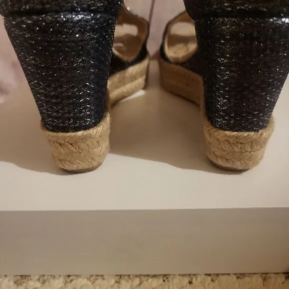 Toni Pons Essencial Navy Metallic Canvas Strappy Jute Wedge Sandals 8.5M/39 $179