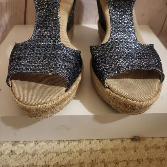Toni Pons Essencial Navy Metallic Canvas Strappy Jute Wedge Sandals 8.5M/39 $179
