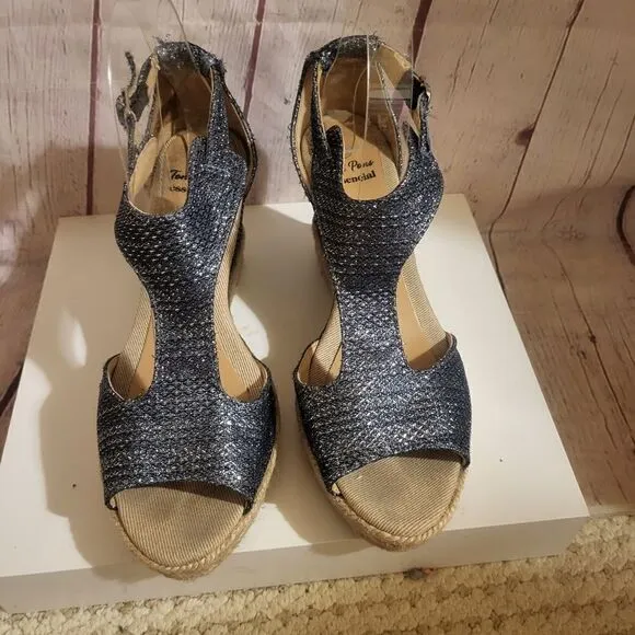 Toni Pons Essencial Navy Metallic Canvas Strappy Jute Wedge Sandals 8.5M/39 $179