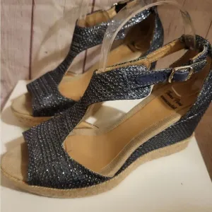 Toni Pons Essencial Navy Metallic Canvas Strappy Jute Wedge Sandals 8.5M/39 $179