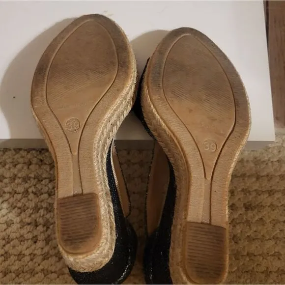 Toni Pons Essencial Navy Metallic Canvas Strappy Jute Wedge Sandals 8.5M/39 $179